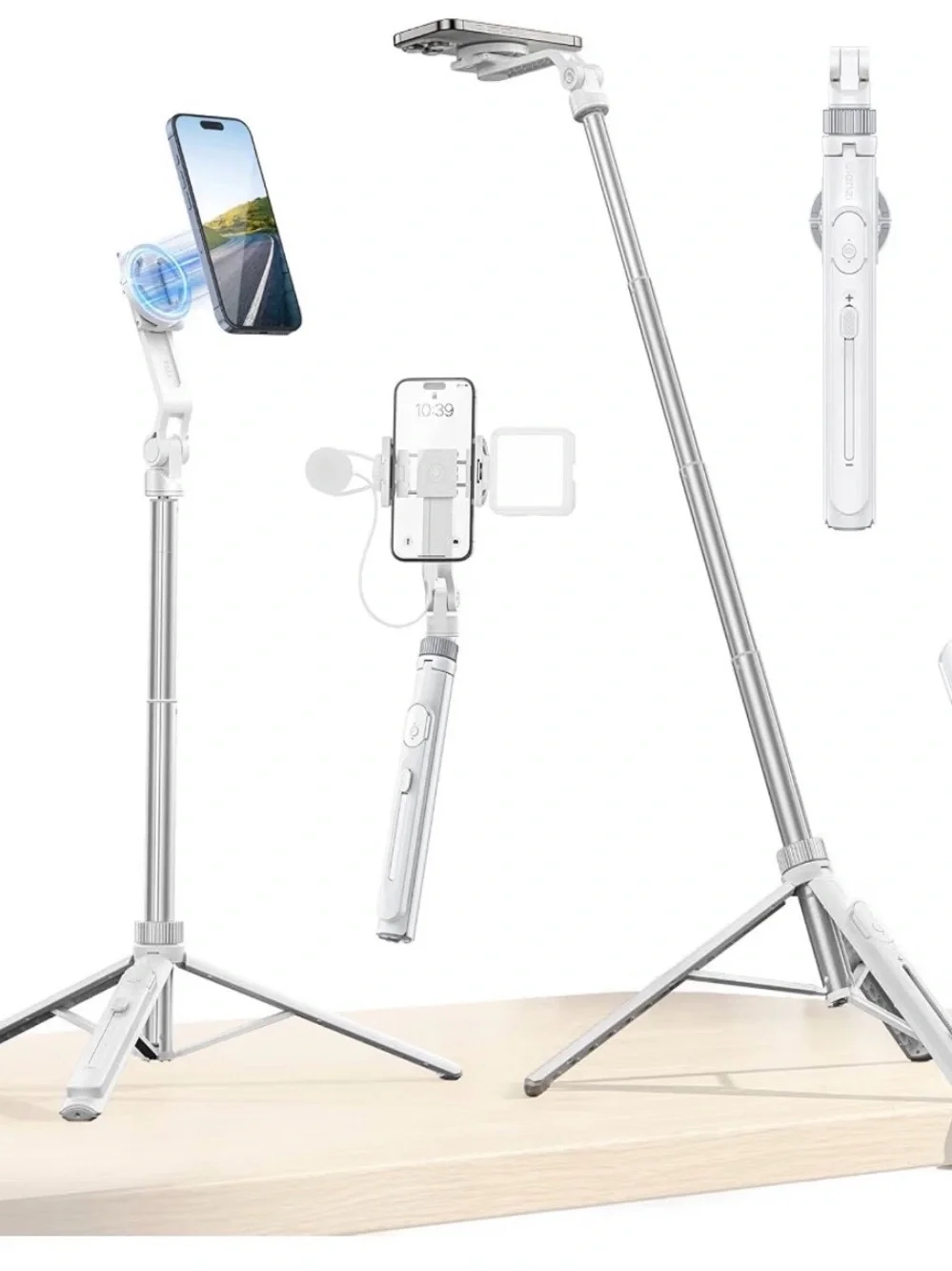 4 Items -Magnetic Selfie Stick, silver tripod, Tabletop Tripod, black tripod